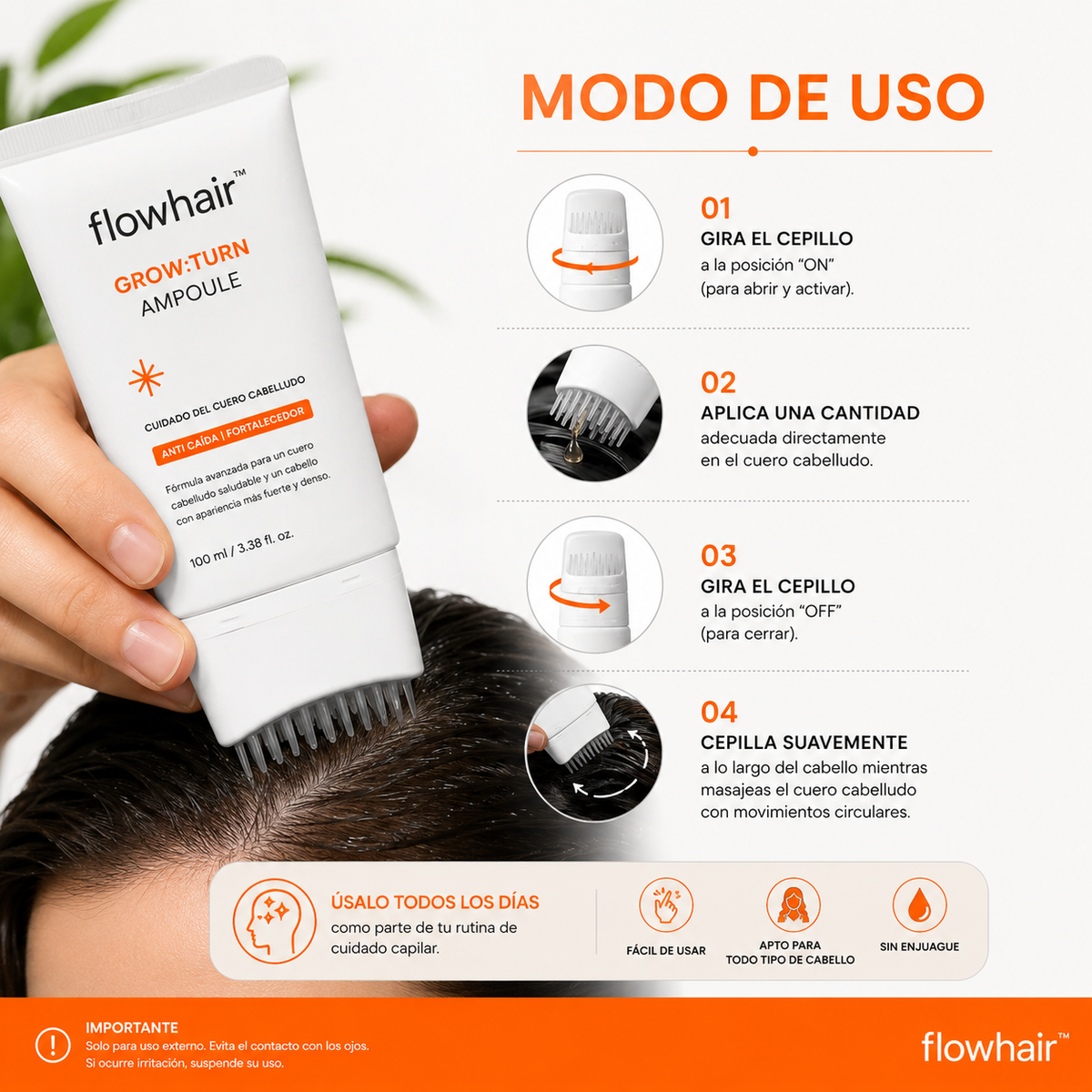 Sérum Capilar FlowHair GrowTurn | Anticaída, Nutritivo y Masajeador Integrado